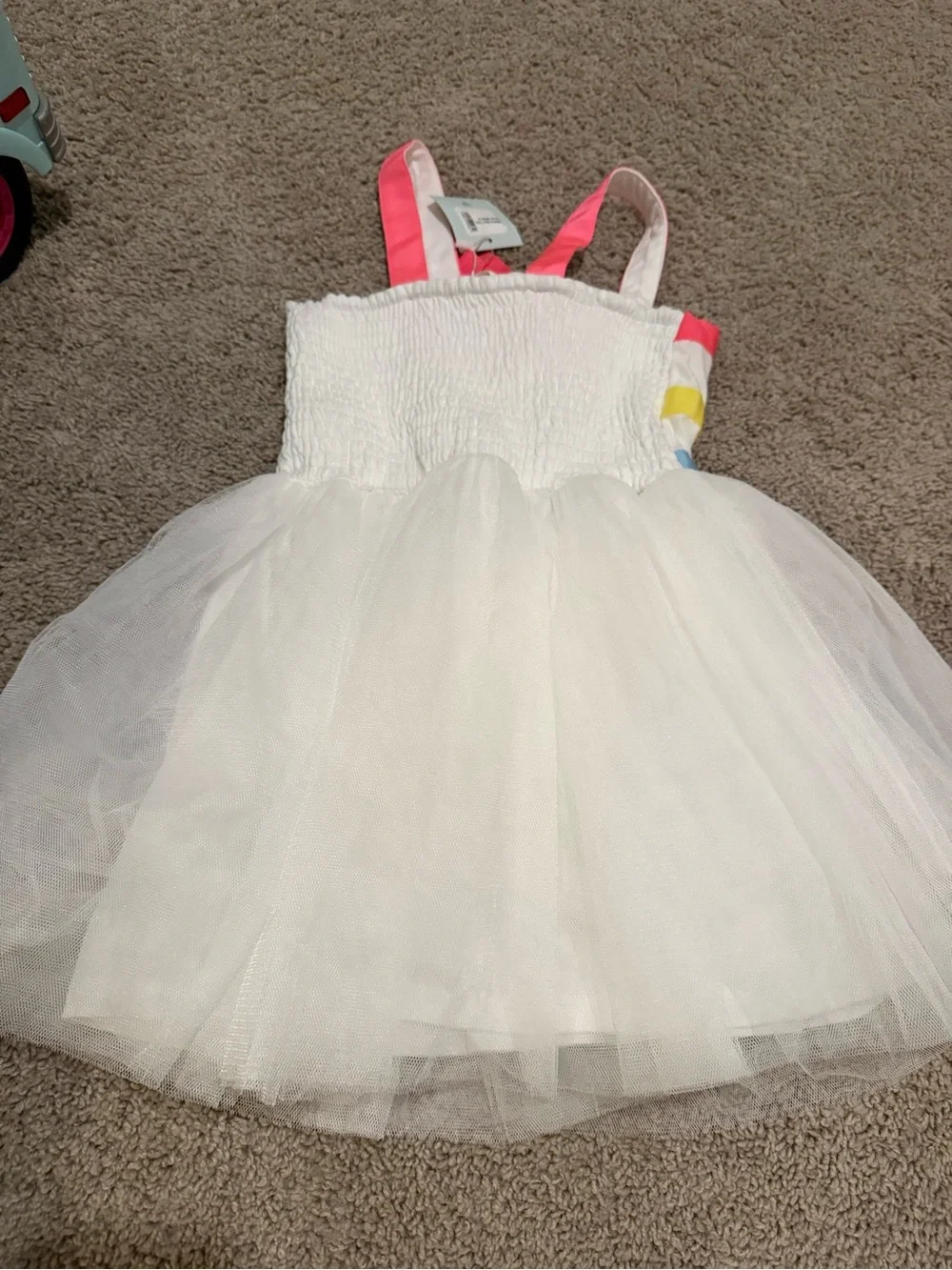 Girls' White Tulle Dress with Pink, Yellow & Blue Bows